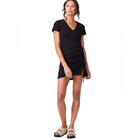 Monrow Shirred Cap Sleeve V Neck Mini Dress in Black Medium NWT - Picture 1 of 6